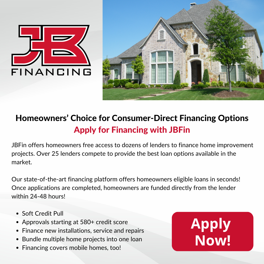 Modern home with JB Financing promotional banner highlighting easy consumer-direct financing for home improvement projects and renovations.