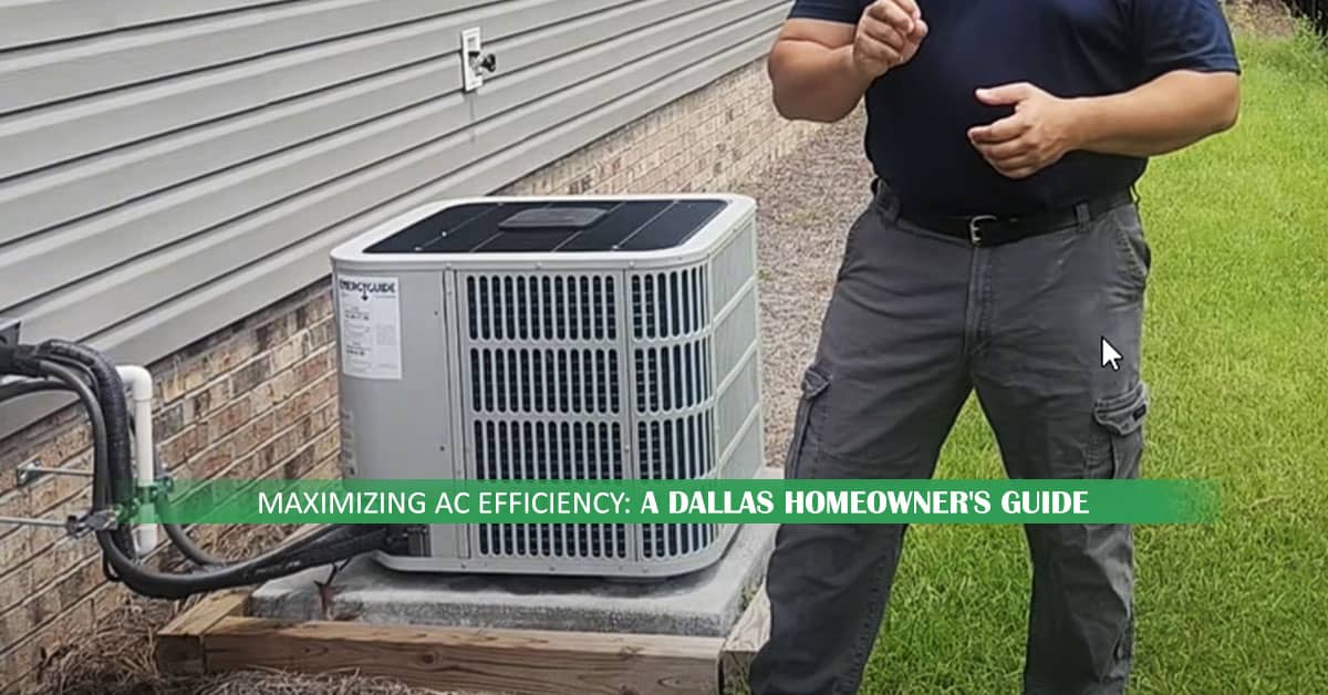 A technician stands next to an AC unit, offering energy-saving tips to improve AC efficiency in Dallas homes for better cooling and reduced costs.