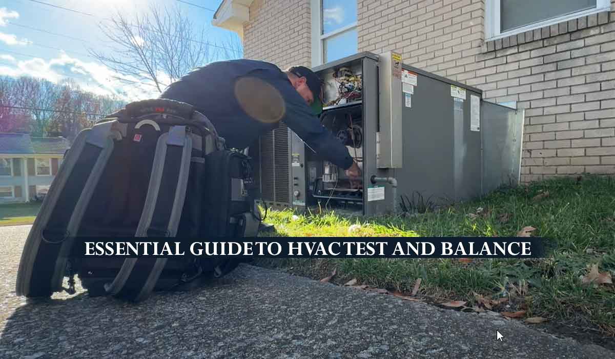 Technician performing HVAC test and balance on an outdoor unit under a clear blue sky.
