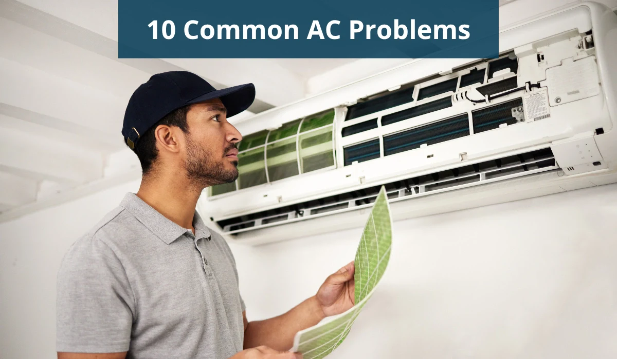 A person examines an air conditioning unit while holding a green checklist, with a title overlay about common AC problems.