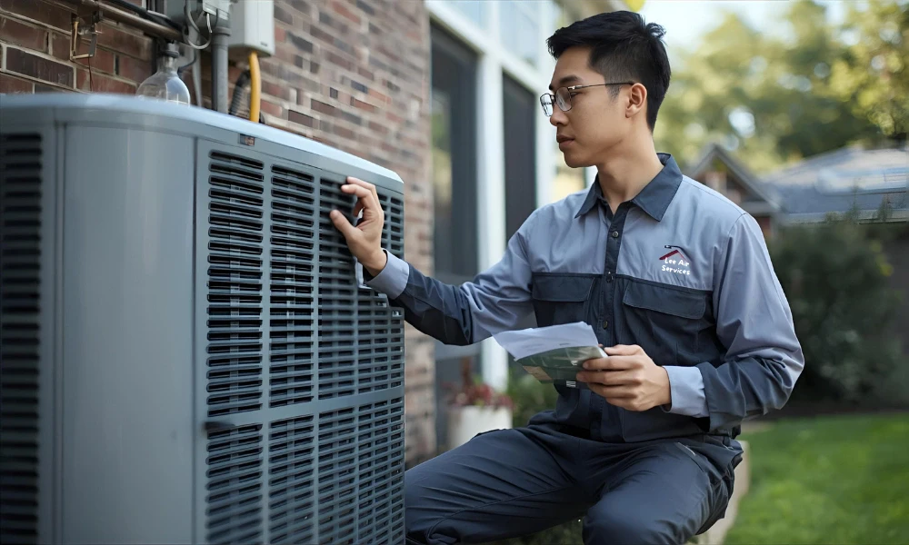 Technician in gray uniform inspecting residential air conditioning unit with paperwork outdoors.