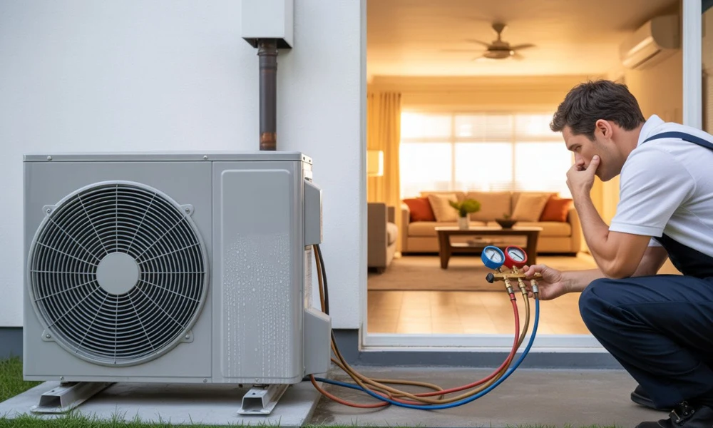 Technician checking pressure gauges on an outdoor AC unit to diagnose why the air conditioner is running but not blowing cold air.