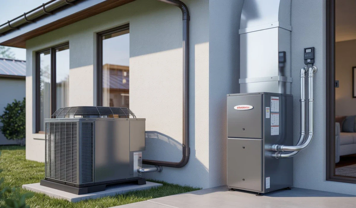 Modern HVAC system with outdoor unit and indoor furnace shown beside a home for a complete guide to buying a new HVAC system
